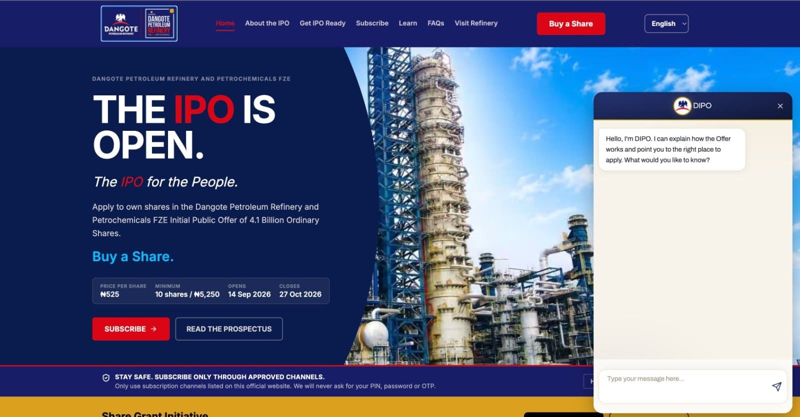 Dangote Petroleum Refinery: 16 languages, 4 channels, one assistant: DIPO, the official investor assistant for the Dangote Petroleum Refinery IPO